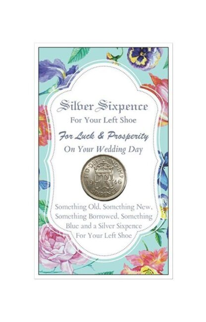 King George silver Sixpence coin on card wedding gift for bride